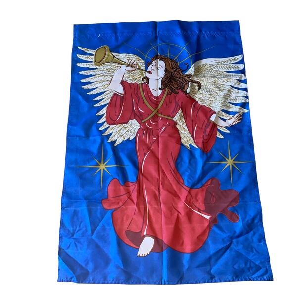 Vintage Garden Holiday Christmas Flag Angel blowing Trumpet Red Gold Blue - Picture 3 of 6